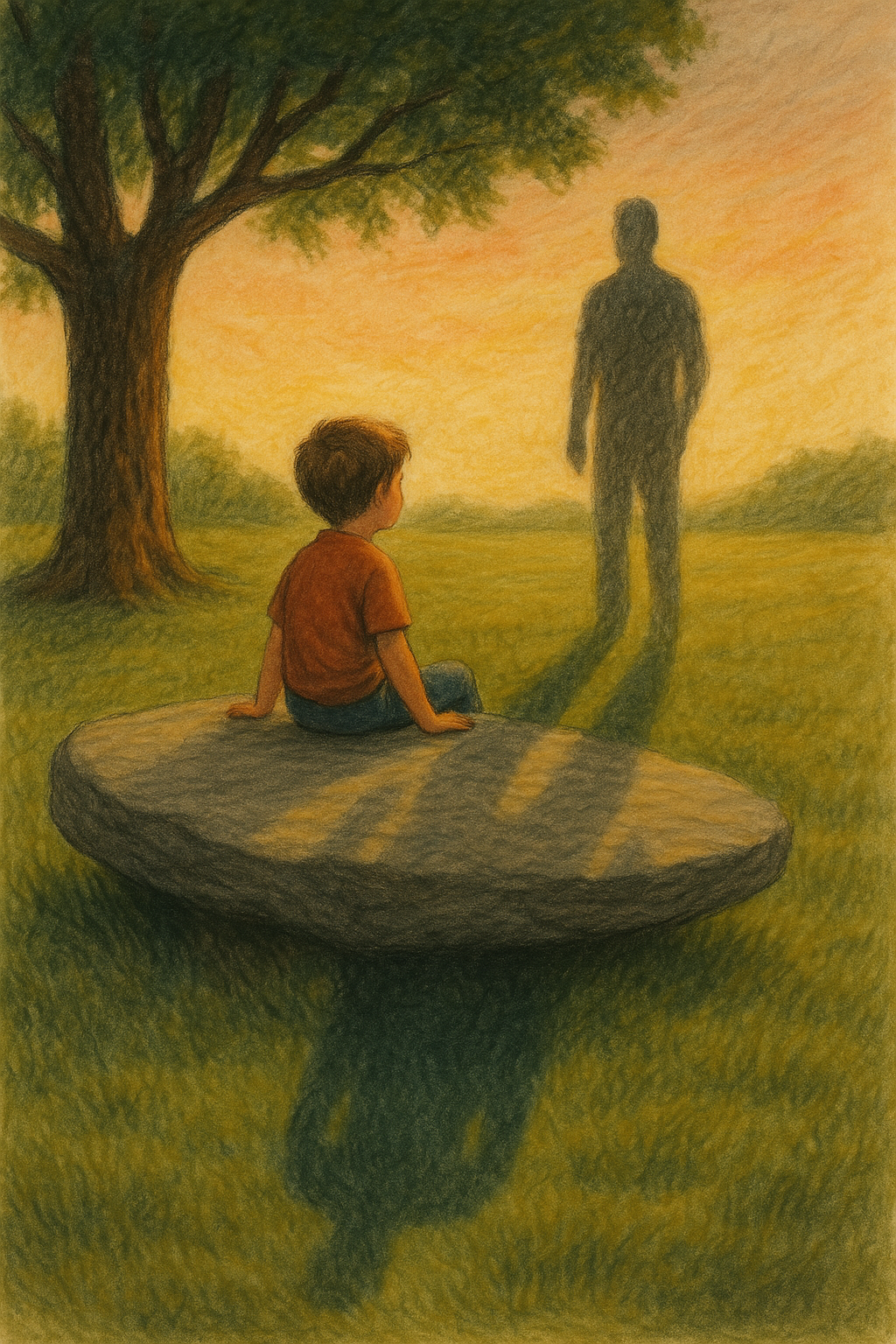 Boy on the stone with the shadow representing his father