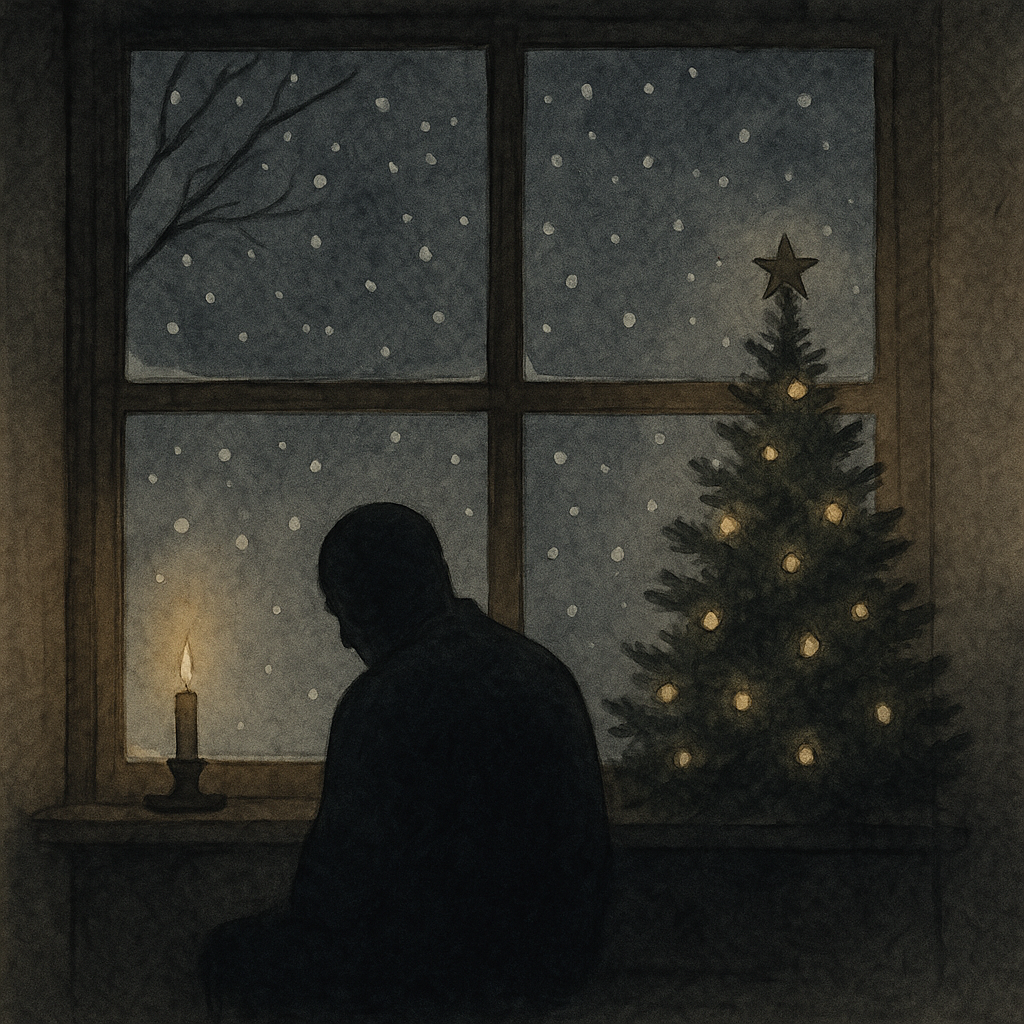 Man alone at the window with a candle and Christmas tree